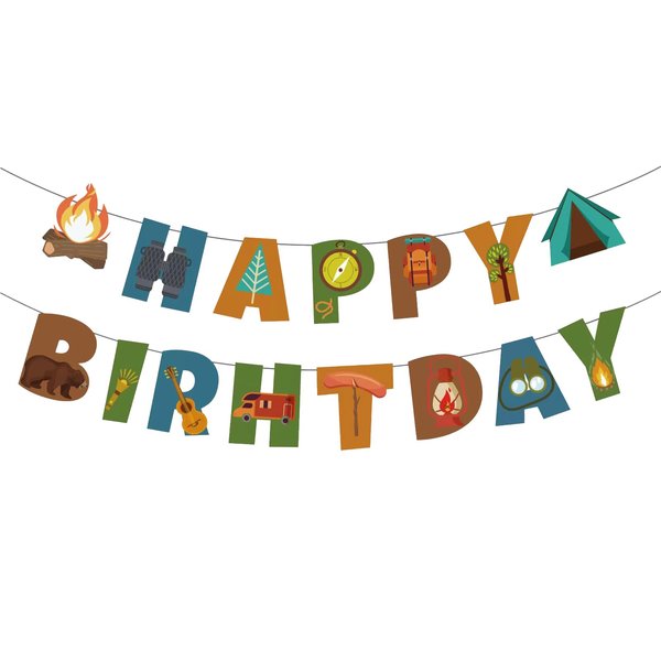 DIADARL Camping Happy Birthday Banner, Fun House Banner with Campfire Tent Oil Lamp Adventure Camping Boys Girls Camping Birthday Party Supplies One Happy Camper, Outdoor Camping Birthday Decorations
