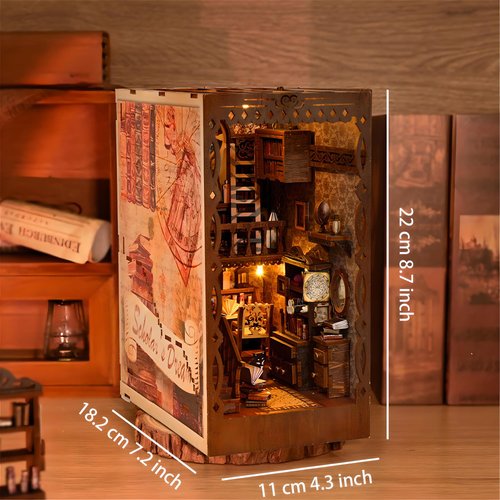 MUSEGDN DIY Miniature Book Nook Kit with LED Lights – 3D Wooden Puzzle Dollhouse Book Nook Bookshelf Insert, Perfect Home Decor Craft Kit for Adults & Teens, Creative Bookends for Reading Nooks