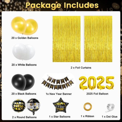 Fikowo New Years Eve Party Supplies 2025, New Years Decorations Party Decorations, Happy New Year 2025 Kit, New Years Eve Decorations Includes Banners, Balloons, Tassel Curtains, Dot Glue Party Decor