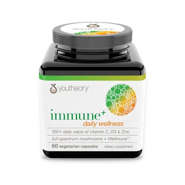 Youtheory Immune+ Daily Wellness - Organic Mushrooms - Beta Glucan - Vitamin C, D3 & Zinc, 60 Vegetarian Caps