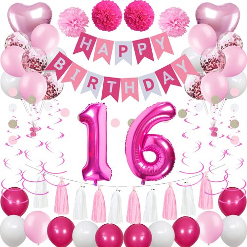 Sweet 16th Birthday Decorations for Girls, Pink and White 16 Happy Birthday Balloons，16th Birthday Party Supplies for Kids Including Pink Happy Birthday Banner, Hot Pink Number 16 Foil Balloons