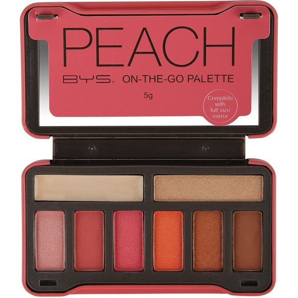BYS On-The-Go Peach Eyeshadow Palette with Primer Highlighter and Mirror, 6 Eyeshadows, 1 Highlight, 1 Prime