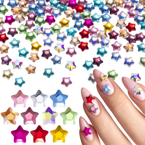 HINZIC 200PCS Star Nail Art Rhinestones, 6mm Glass Flatback Gems Colorful Crystal Diamond Jewels Face Eyes Clothes Shoes Bead Wedding Decoration for Acrylic Nails Crafts Makeup