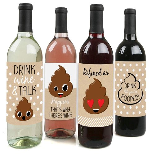 Big Dot of Happiness Party ’Til You’re Pooped - Poop Emoji Party Decorations for Women and Men - Wine Bottle Label Stickers - Set of 4