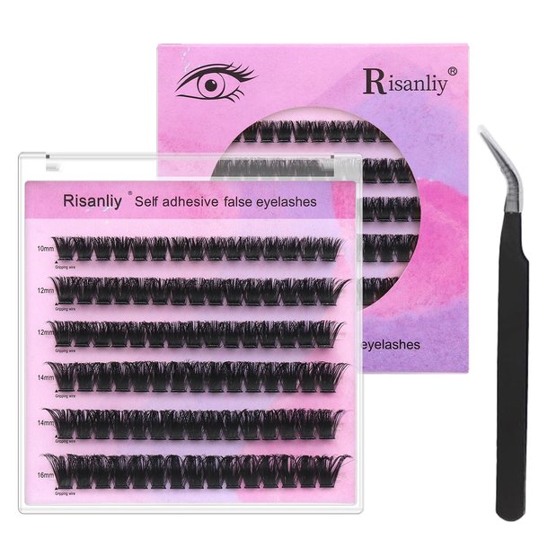Risanliy Self Adhesive Eyelashes No Glue Lash Clusters Dense, 10-16mm Lash Extension Self Sticking Eyelash Clusters 90pcs Reusable Self Adhesive Lashes Easy Paste (90Pcs - 100D)