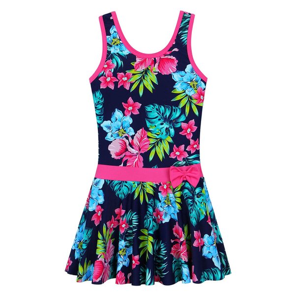 BAOHULU Toddler Girls Swimsuit One Piece Cute Floral Dress Swimwear 3-8 Years S349_NavyFlower_140/146