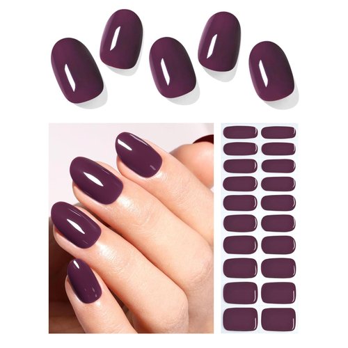 Wahrshei Semi Cured Gel Nail Strips, 20pcs Purple Plum Gel Nail Stickers Work with UV, Easy to Use and Remove