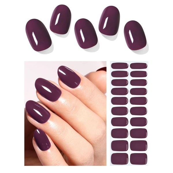 Wahrshei Semi Cured Gel Nail Strips, 20pcs Purple Plum Gel Nail Stickers Work with UV, Easy to Use and Remove