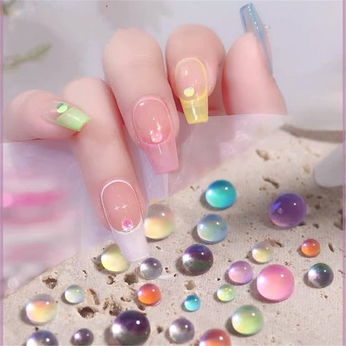 900 PCS New Gradient Imitation Pearl Mermaid Bubble Beads Symphony Semi-Circular Pearl Mixed Size 2/3/4/5/6/7 mm Candy Color Aurora Glass Beads DIY Materials for Nail Art Decoration (9 Colors)