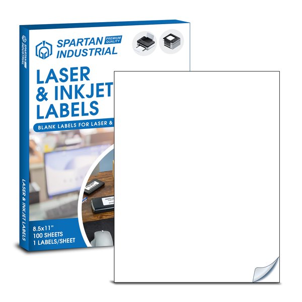Spartan Industrial Printable Laser Inkjet Labels - 8.5" X 11" - White, 100 Sheets, 100 Total Labels | Multipurpose Label Ideal for DIY Sticker Sheets, Craft Making, Full Page Shipping Labels and More