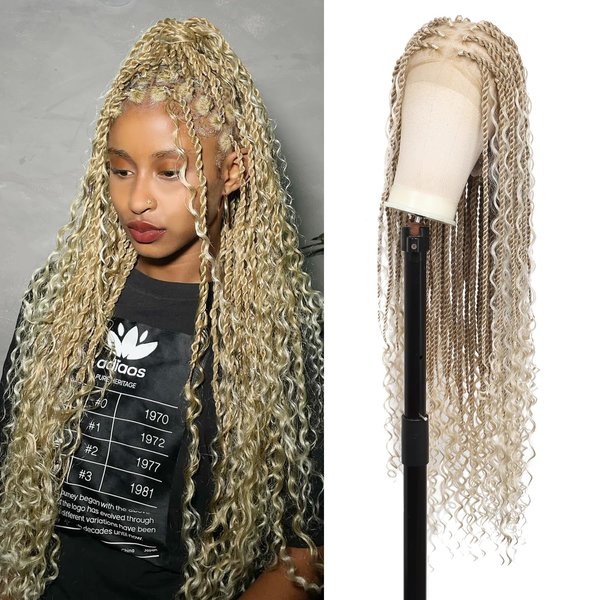 360° HD Full Lace Boho Twist Braided Wigs Bohemian Knotless Box Braids Wig with Curly Braided Lace Wig with Baby Hair Human Hair Blended Braided Lace Front Wigs for Women 36" Light Brown Ombre Blonde