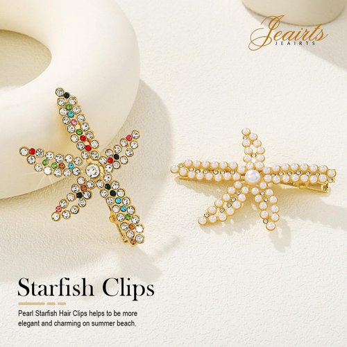 Jeairts Starfish Hair Clips Gold Pearl Rhinestone Barrettes Sparkly Crystal Wedding Headpiece Beach Hair Accessories for Women(2pcs) (3-Pearl and Rhinestone)