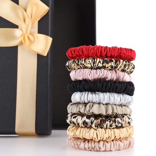 9 Pieces silk scrunchies Silk Hair Ties Skinny Hair Scrunchies Pure Silk Ponytail Holder Elastic Hair Bands Hair Accessories for Women Girls (Bright Colors,Elegant Style)