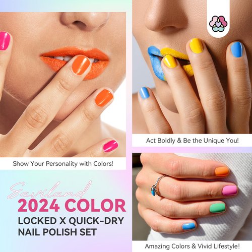 SAVILAND Finger Nail Polish Set for Beginner: 12 Neon Colors Air Quick Dry Nail Polish Summer Glitter Nail Polish Kit Regular Fingernail Polish Non Gel with Base-Top Polish for Toe Manicure Nail Art