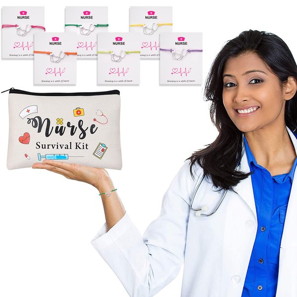 30pcs Nurse Appreciation Gifts Set Include 6 Nurse Survival Kit Canvas Makeup Bag,6 Nurse Blessing Card Bracelet with Greeting Card and 18 Nursing Hair Tie Elastic Ribbon Ponytail Holder