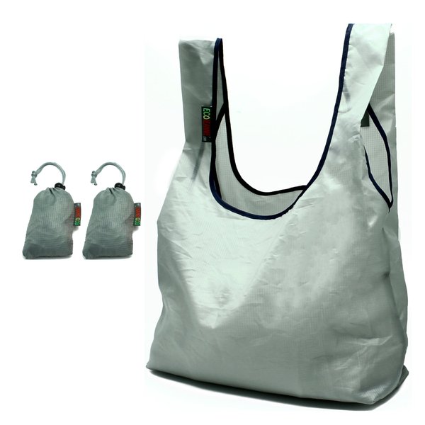 EcoJeannie 2 Pack Super Strong Ripstop Nylon Foldable Reusable Bag Grocery Shopping Tote Bag with built-in Pouch (Gray+Gray:RBS207)