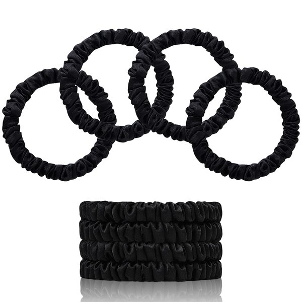SEMRUE Mulberry Silk Scrunchies 4 PCS, 22 Momme 100% Pure Mulberry Silk Scrunchies for Hair Sleep, Small Silk Hair Scrunchies for Women, Silk Hair Ties Elastics Hair Care No Damage, Black*4