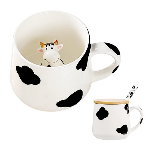 BigNoseDeer Cute Ceramic Cow Mug with 3D Cow Inside,Cow Print Coffee Mug,Cute Mugs with Lid Spoon,Cute Stuff Birthday Gifts Gifts for Women Girlfrend Kids13oz