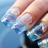 Short Press on Nails Square False Nails Medium Length Acrylic Nails Gold Lines Fake Nails Glitter Ombre Glue on Nails Blue to Transparent Gradient Stick on Nails Full Cover Nails for Women 24 Pcs