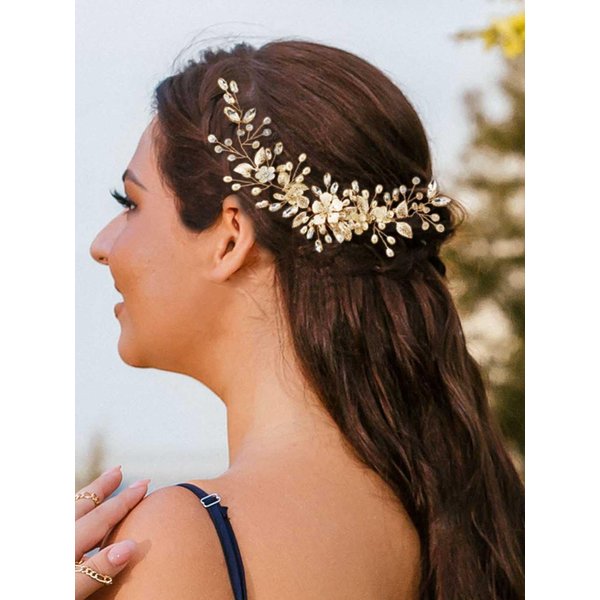CASDRE Flower Bride Wedding Headpiece Crystal Bridal Hair Accessories Pearl Headband for Women and Girls (B Gold)