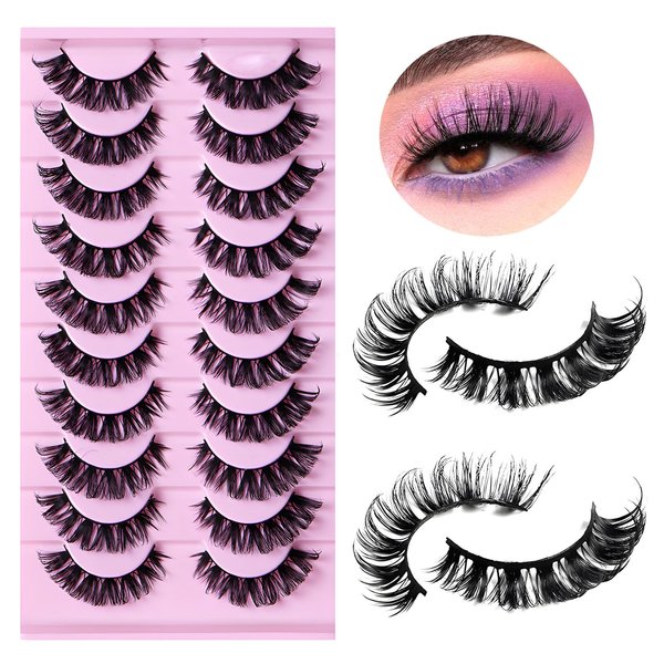 LuckForever 10 Pairs False Eyelashes Russian Strips Eye Lashes Wispy False Lash Fluffy Eyelash Extension Natural Look D Curly Volume Fake Eyelashes Reusable Eye Lash for Women Girls