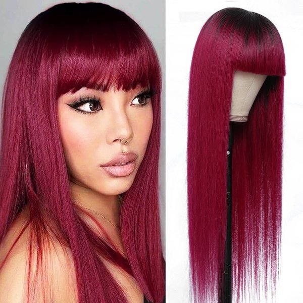 REMY Hair Ombre Burgundy Red Glueless Wigs Human Hair Pre Plucked with Baby Hair Brazilian Virgin Human Hair Non-Lace Straight Colored Wigs(20 Inch)