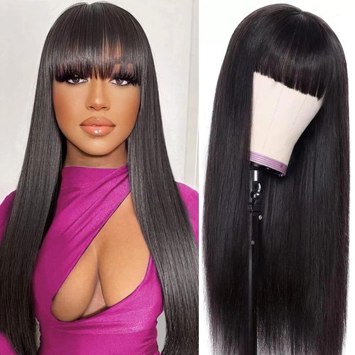 Tamnnee Glueless Wigs Human Hair with Bangs Straight Human Hair Wig with Bangs 150% Density 1x3inch Bleached Knots Lace Front Wigs for Black Women 18inch