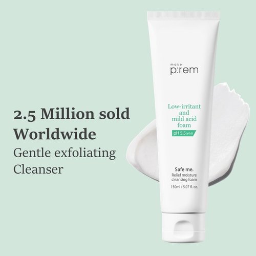 MAKEP:REM make prem Safe me. Relief Moisture Cleansing Foam, Gentle exfoliating pH-balanced Cleanser for Sensitive Skin and All Skin Types, Non-Irritating, Dermatologist Tested 150ml, 5.07 fl.oz.