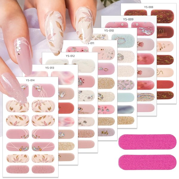 Foweso 7 Sheets Flower Gel Nail Stickers 3D Self-Adhesive Gel Nail Strips Supply Spring Flowers Leaf Nail Polish Stickers Full Nail Wraps for Women and Girls DIY Manicure Gel Nail Decals Decoration