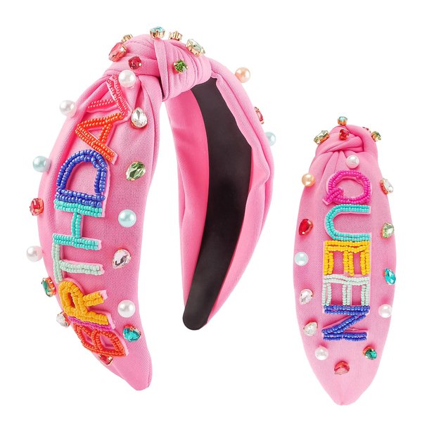 COCIDE BIRTHDAY QUEEN Headbands for Women, Knotted Headbands for Women Pearl Wide Plain Turban Colorful Beads Hairbands Fashion Cross Knot Hair Bands with Crystal and Rhinestones (Pink)