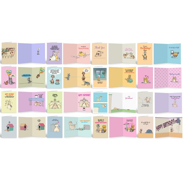 Stonehouse Collection Funny All Occasion Greeting Cards - Boxed Funny Dog & Cat Cards Assortment - Birthday Cards, Thank You Cards with Greetings Inside - Bulk Set for All Occasion, 16 Cards Per Box