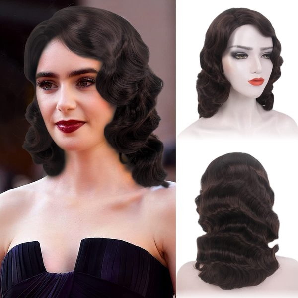 MEDISIFA Brown 1920s Wig for Women Middle Long Flapper Wig Finger Wave Party Wig Synthetic Full Vintage Wigs for Womens Lady Cosplay Costume Fancy Dress 20s Wigs