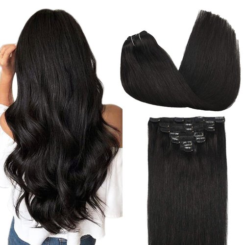 GOO GOO Clip in Hair Extensions Real Human Hair, 14inch 85g 7Pcs, 1B Natural black, Remy Human Hair Extensions Clip ins for Women, Natural Human Hair