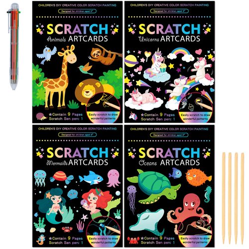SuyuanArt Animal Unicorn Ocean Mermaid Double Sided Design Color Scratch Rainbow Art Paper Set for Kids,Girls Boys Scratch Off Magic Drawing Crafts Party Favors