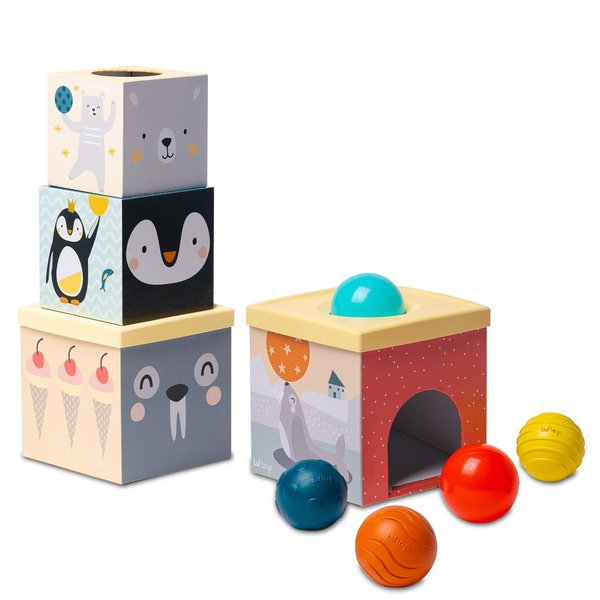 Taf Toys Toddlers Object Permanence Ball Drop Stacker, Made of Strong & Durable Cardboard Box & Plastic Cover Perfect Developmental Toy for Tummy-Time