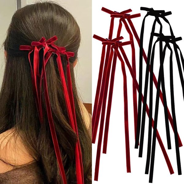 Velvet Hair Bows Clip for Women Girl French Black Hair Barrettes for Women Red Tassel Hair Clip Riboons with Long Tail Elegant Bowknot Hair Accessories Decoration for Women Girls Hairpin Hairclip 4Pcs