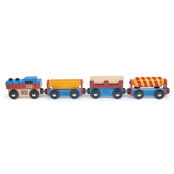 Mentari Toys - The Cargo Train - 5pc Wooden Train with Magnetic Industrial Carriages and Magnetic Log - Compatible with Major Wooden Tracks - Encourages Imaginative Play & Fine Motor Skills - Age 18m+