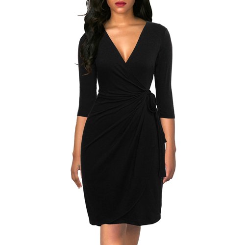 Berydress Women's Vintage 3/4 Sleeve V-Neck Knee-Length Sheath Draped Belt Faux Black Wrap Dress (XL, 6083-Black)