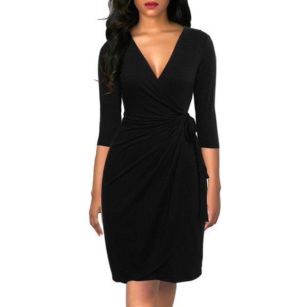 Berydress Women's Vintage 3/4 Sleeve V-Neck Knee-Length Sheath Draped Belt Faux Black Wrap Dress (XL, 6083-Black)