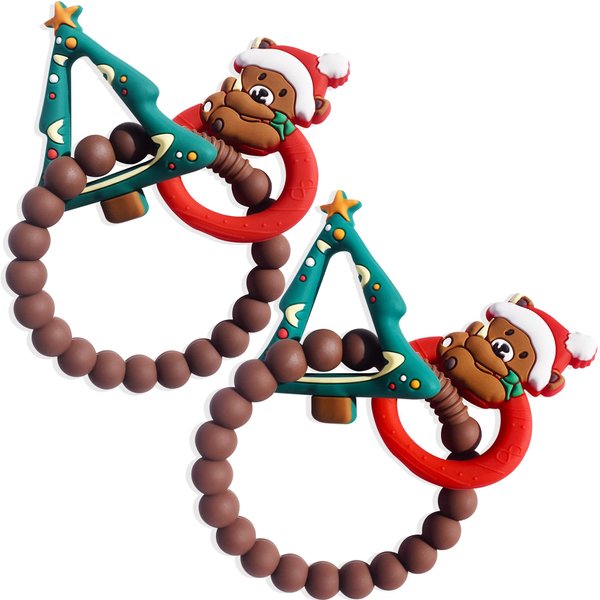 2pcs Christmas Baby Silicone Teether Christmas Tree and Bear Teething Ring Christmas Teething Toys Toddler Teething Chew Toys Christmas Gifts or Chritmas Stocking Filler