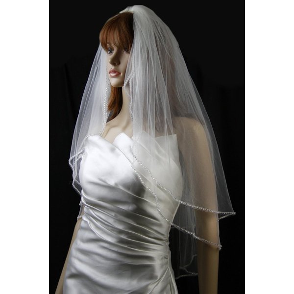 Bridal Wedding Veil Ivory 2 Tiers Long Fingertip Length With Rhinestone Edge