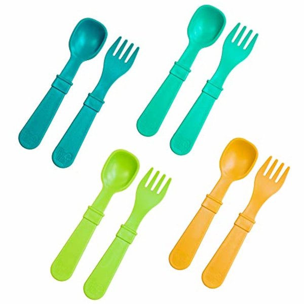 Re-Play Made in USA Toddler Forks and Spoons, Pack of 8 Without Carrying Case - 4 Kids Forks with Rounded Tips and 4 Deep Scoop Toddler Spoons - 0.2" Thick Toddler Utensils, Aqua Asst