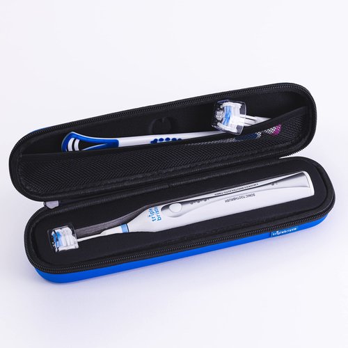 Triple Bristle™ Toothbrush Travel Case | Portable, Breathable & Hard Protection for Traveling, Camping, Office or Purse | Mesh Pocket for Accessories | Two Colors Blue and Pink (Blue)