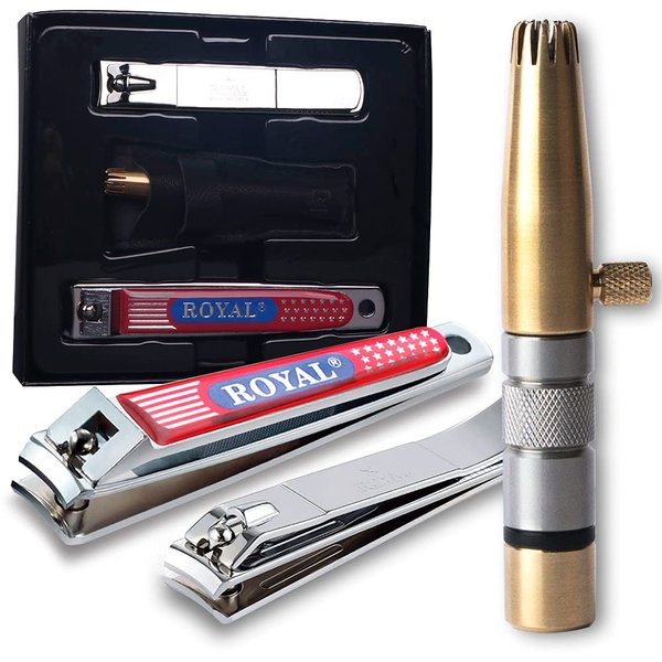 ROYAL [Made in Korea NO Battery,3 Pcs Nose Hair Trimmer Set,Value Pack(Nose Hair Trimmer with 2 Nail Clippers) The Best Gift for Family, (Black&Brass)
