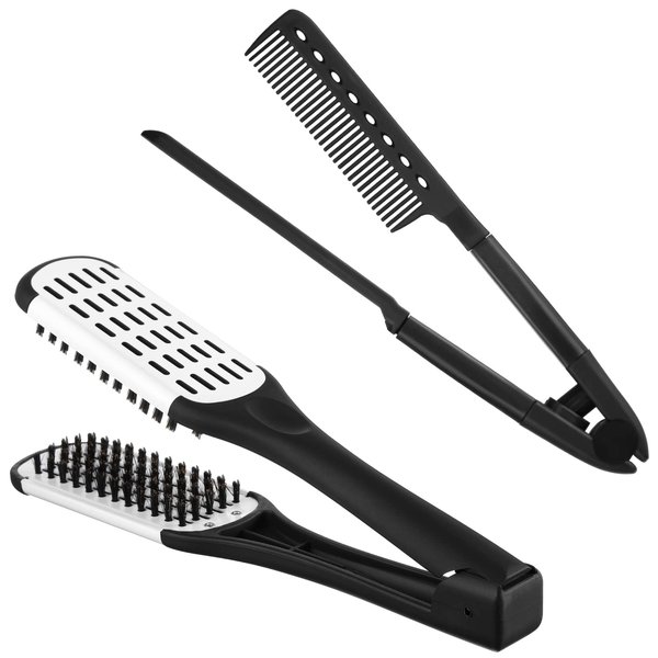 Chengu 2 Pcs Straightening Comb For Hair, Boar Bristles Clamp Double Sided Brush Hair Straightening Brushes Comb Flat Iron Comb Hair Styling for Straightening Knotty Unkempt Hair (Black White, Black)