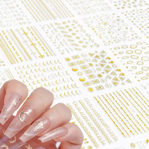 30 Sheets Gold Nail Art Stickers 3D Self-Adhesive Gold Star Nail Decals Gold Heart Nail Stickers Aurora Line Moon Nail Art Stickers for Nail Design Decoration Accessories for Women and Girls