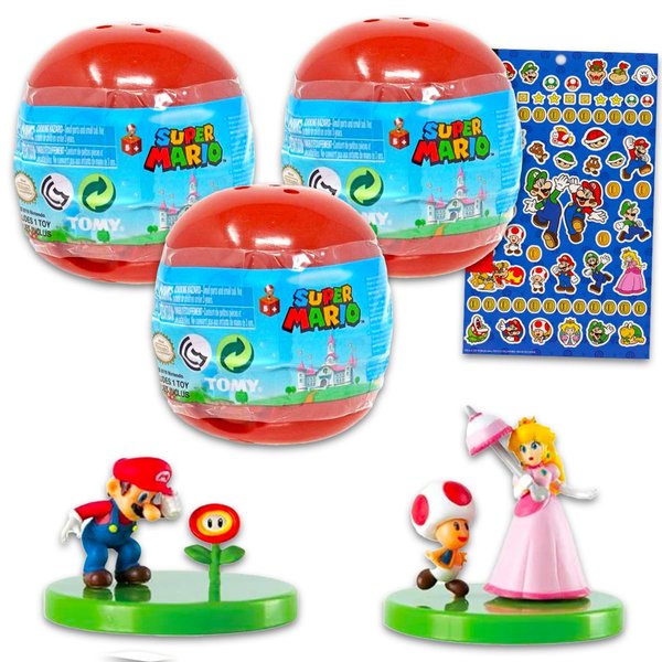 Super Mario Party Favors Set for Kids - Bundle with 3 Buildable Figure Blind Capsules Plus Stickers Party Supplies for Boys and Girls