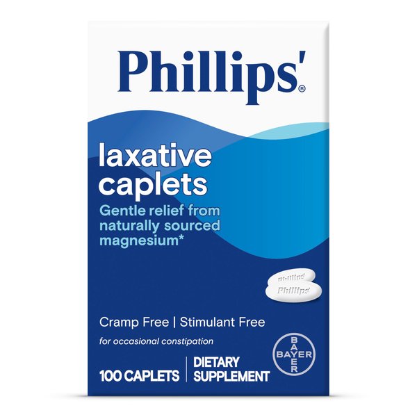 Phillips' Laxative Caplets, With Naturally Sourced Magnesium Supplement for Gentle Relief of Occasional Constipation, Cramp and Stimulant Free Laxatives, 100 Caplets