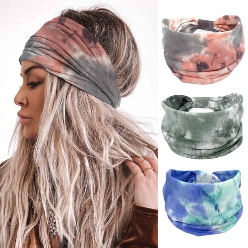 Olbye Wide Headbands Women Knotted Headband Tie Dye Elastic Head Bands Turban Headwraps Nonslip Workout Hair Bands Sports Yoga Sweatbands Boho Hair Accessories for Women 3Pcs (Tie Dye A)