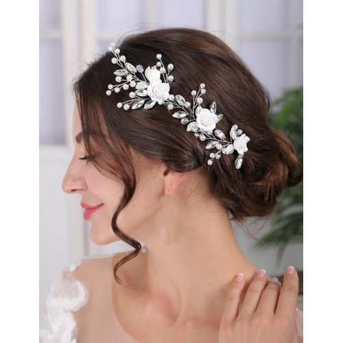 Teyglen 3pcs Flower Bride Wedding Hair Pins Pearl Bridal Hair Pins Clips Silver Leaf Crystal Hair Piece Decorative Hair Accessories White Flower Headpiece for Women Girls